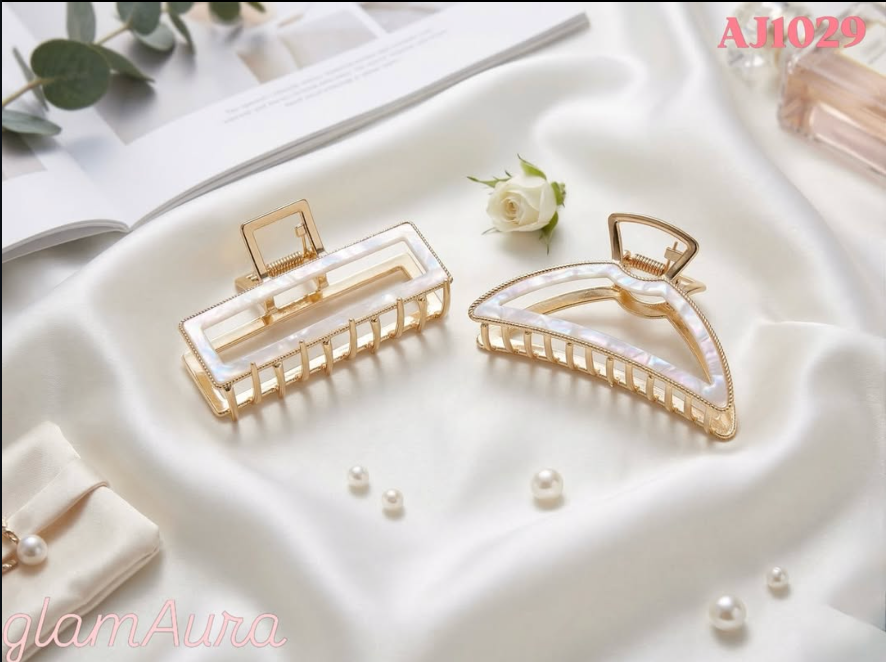 Hair Clutcher with White Marble Inlay – Strong Hold Geometric Claw  (Rectangle & Curve)