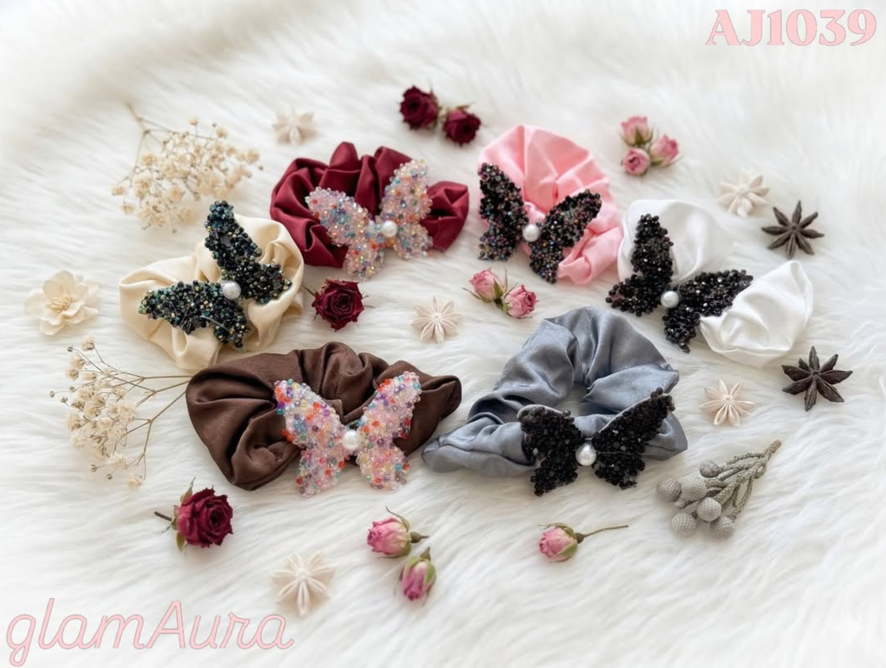 Butterfly Satin Scrunchies – Beaded 3D Charm Hair Ties with Pearl Accent