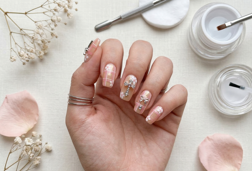 Press-On Nails – 3D Chrome Cross & Bow Charms with Floral Accents