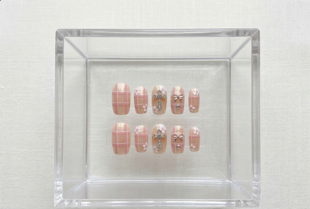 Press-On Nails – 3D Chrome Cross & Bow Charms with Floral Accents