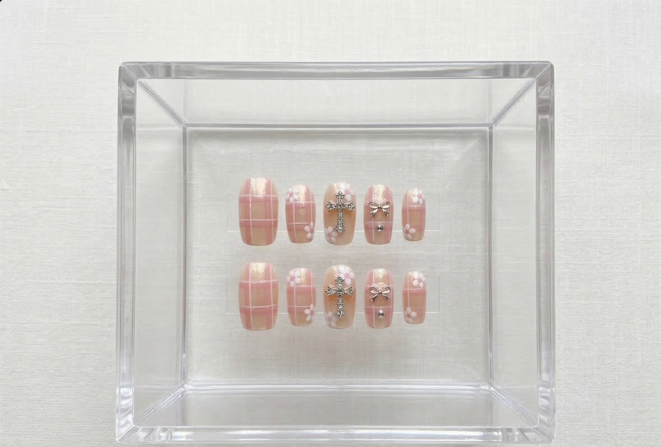 Press-On Nails – 3D Chrome Cross & Bow Charms with Floral Accents