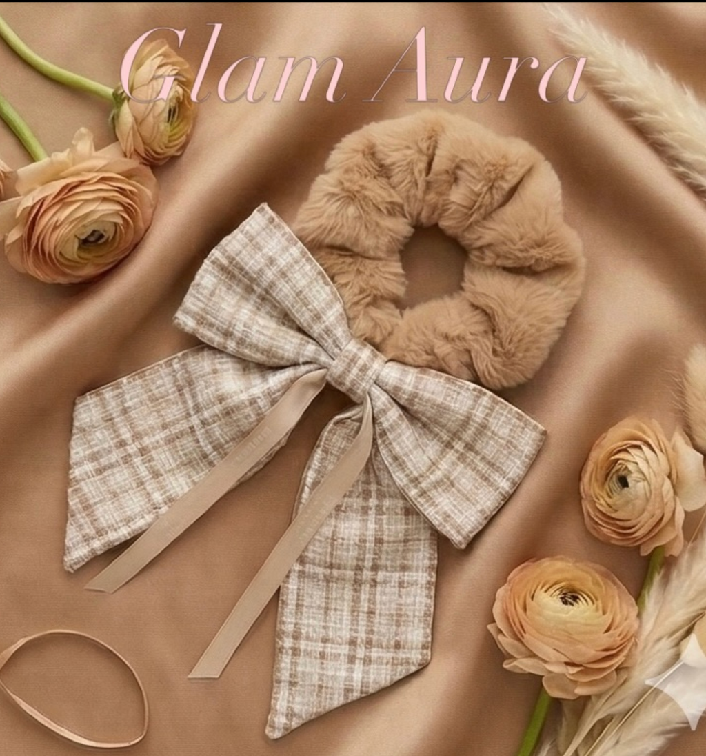 Plush Faux Fur & Tweed Bow Scrunchie – Ribbon Hair Tie