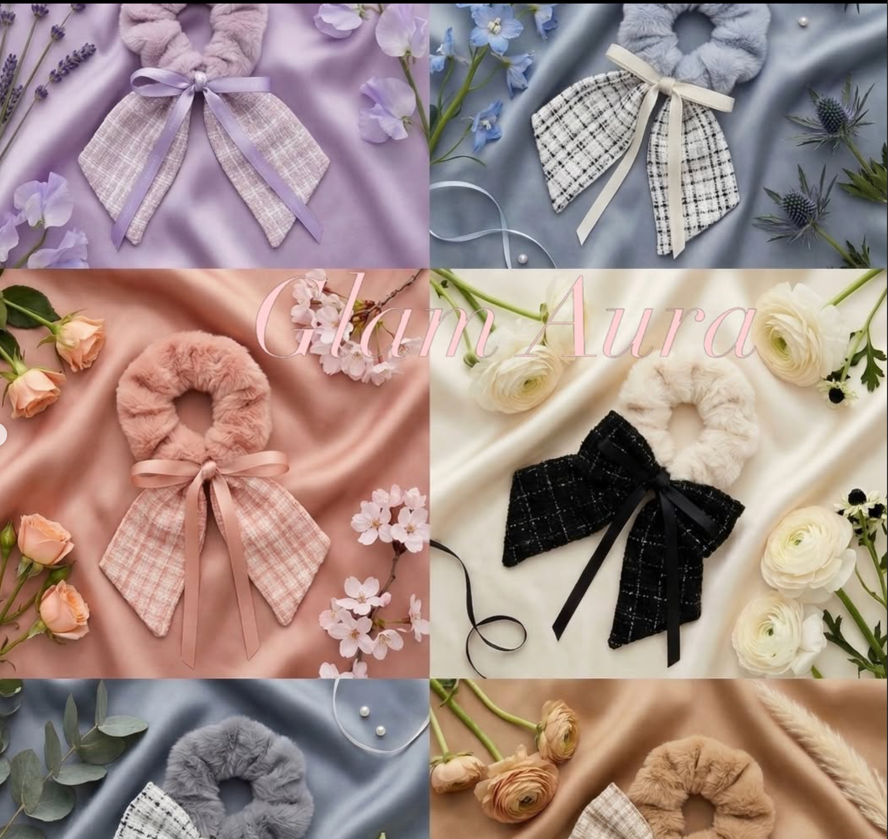 Plush Faux Fur & Tweed Bow Scrunchie – Ribbon Hair Tie