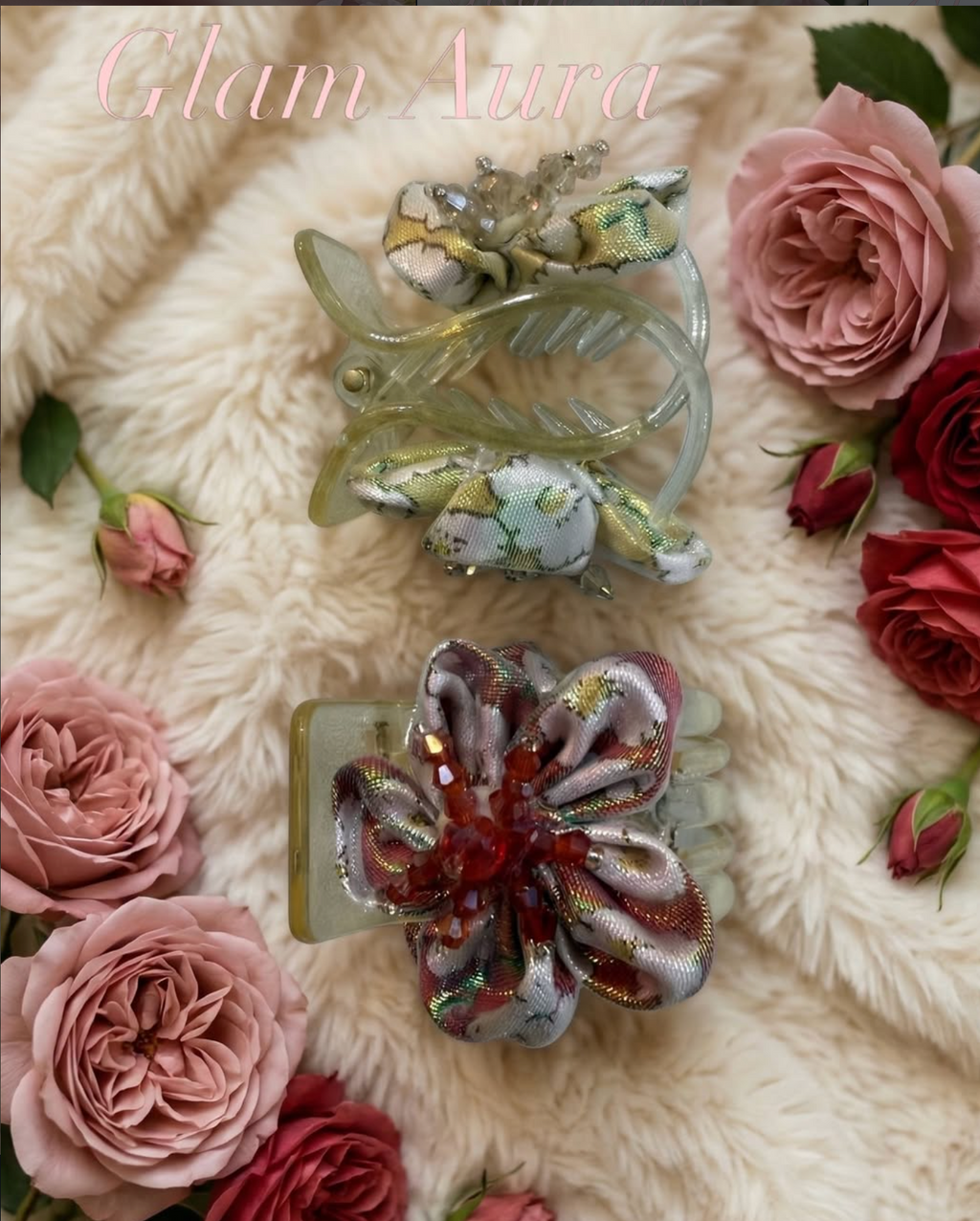 Artisan Fabric Flower Claw – Crystal Gem Floral Hair Claw