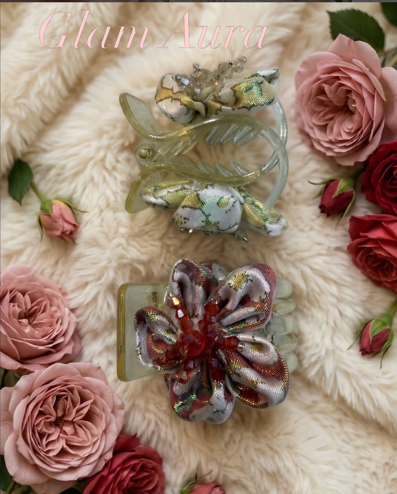Artisan Fabric Flower Claw – Crystal Gem Floral Hair Claw
