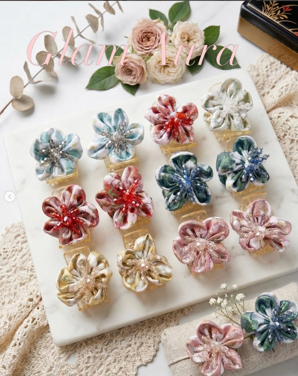 Artisan Fabric Flower Claw – Crystal Gem Floral Hair Claw