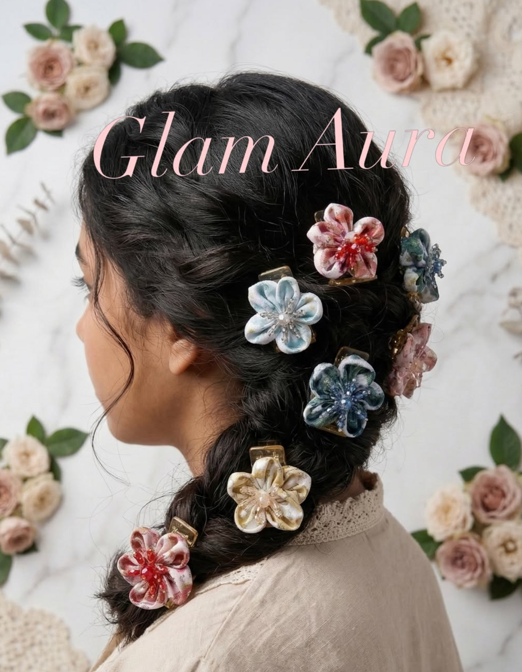Artisan Fabric Flower Claw – Crystal Gem Floral Hair Claw