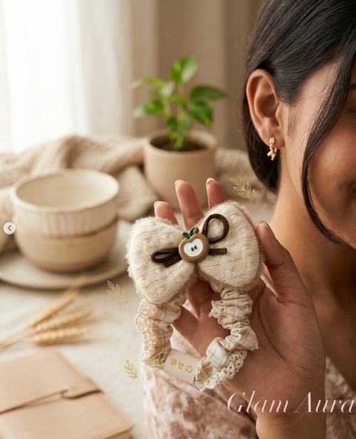 3D Plush Teddy Bear & Knit Bow Scrunchies – Fuzzy Winter Hair Ties with Lace Trim