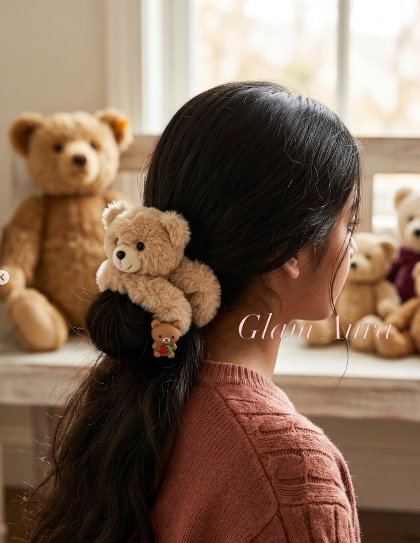 3D Plush Teddy Bear & Knit Bow Scrunchies – Fuzzy Winter Hair Ties with Lace Trim