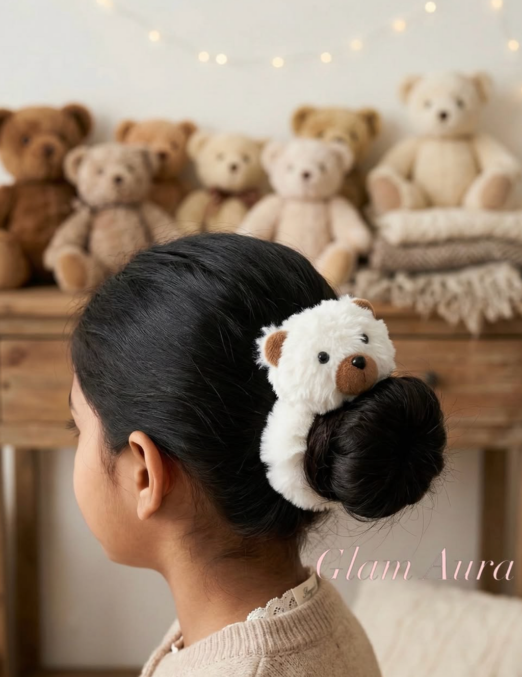 3D Plush Teddy Bear & Knit Bow Scrunchies – Fuzzy Winter Hair Ties with Lace Trim