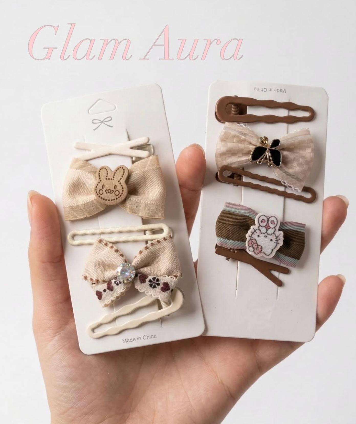 Vintage Bow & Bunny Hair Clip Set – 5-Piece Cottage-Core Accessory Kit