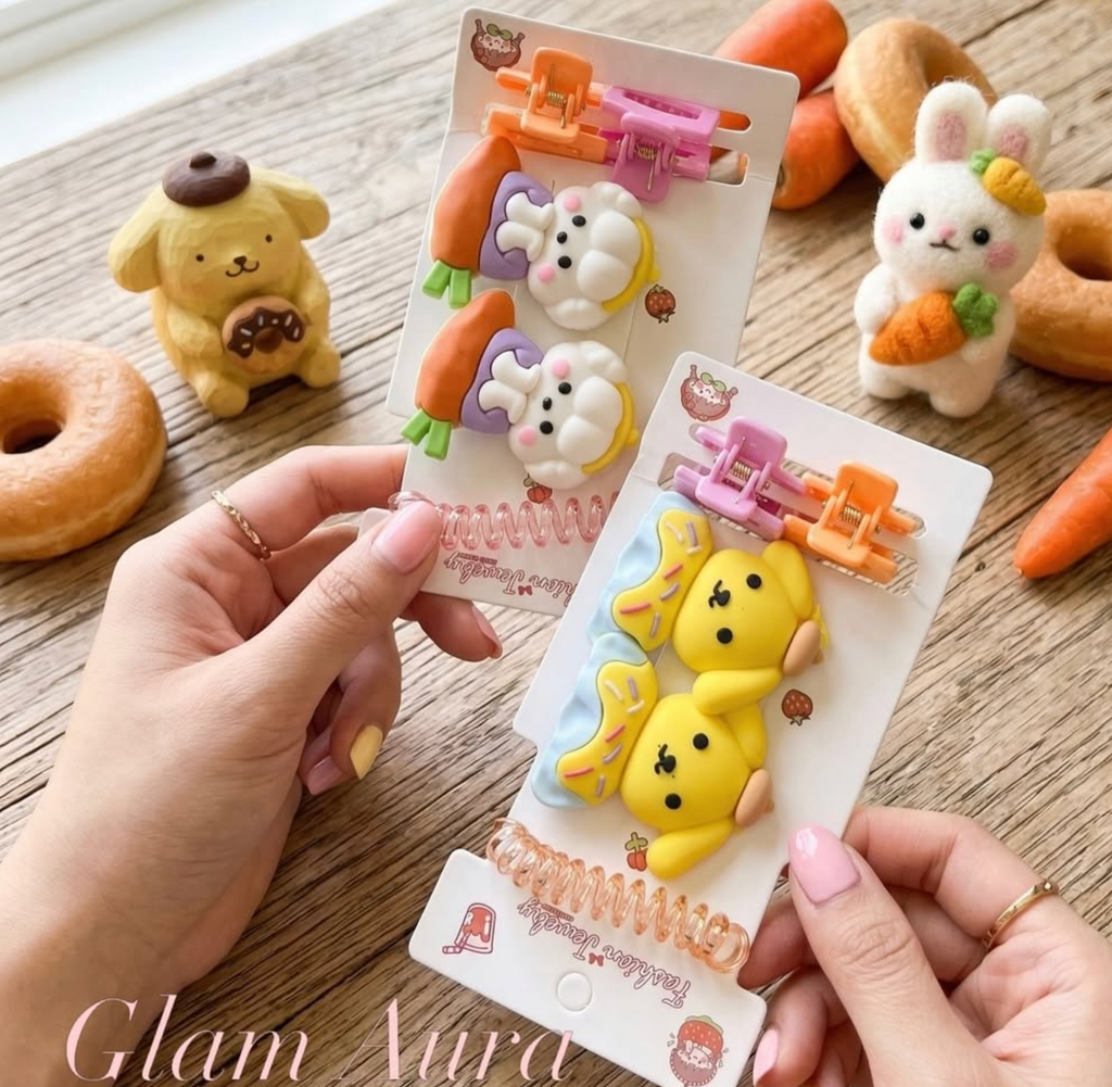Kawaii 3D Character Hair Set – Mini Claw Clips & Spiral Hair Tie Accessory Kit