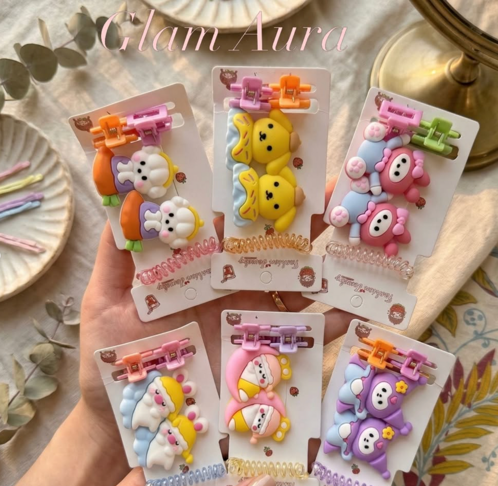 Kawaii 3D Character Hair Set – Mini Claw Clips & Spiral Hair Tie Accessory Kit