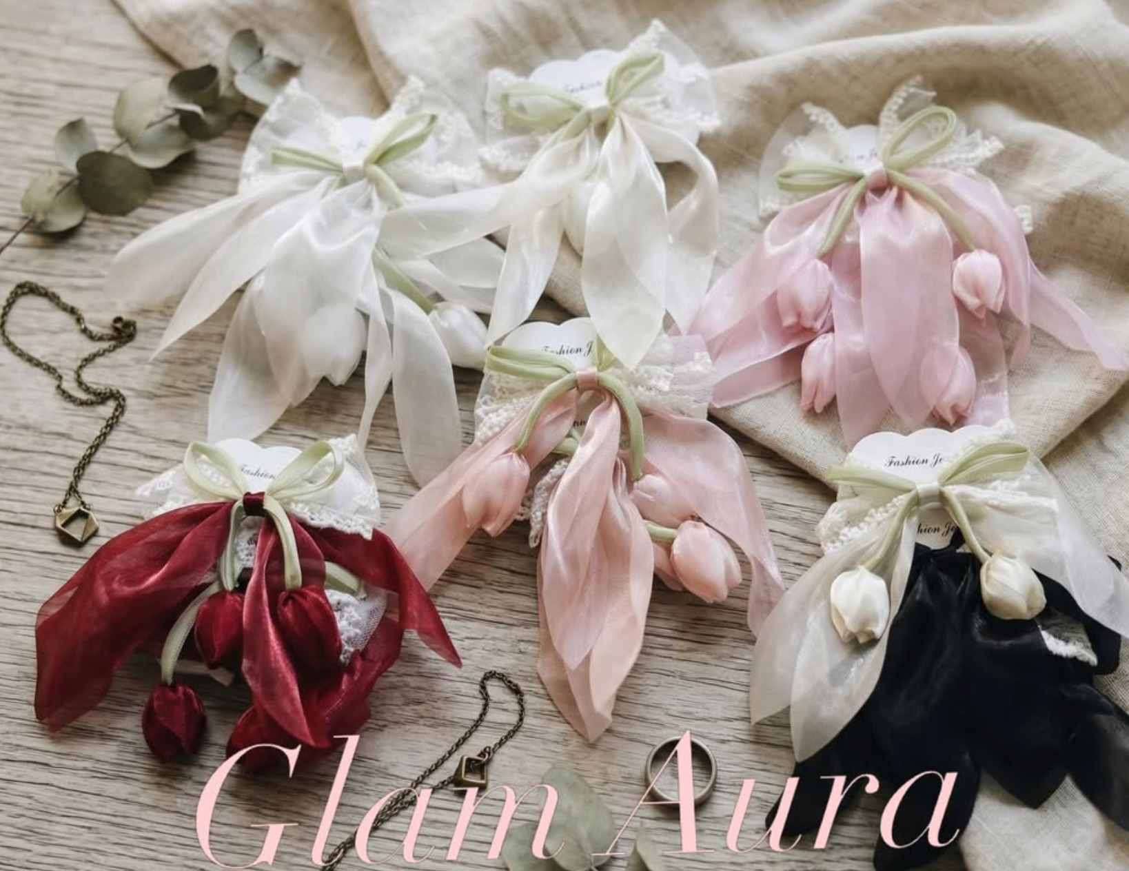 Silk Tulip Ribbon Hair Clip – 3D Floral Bow with Lace Detail