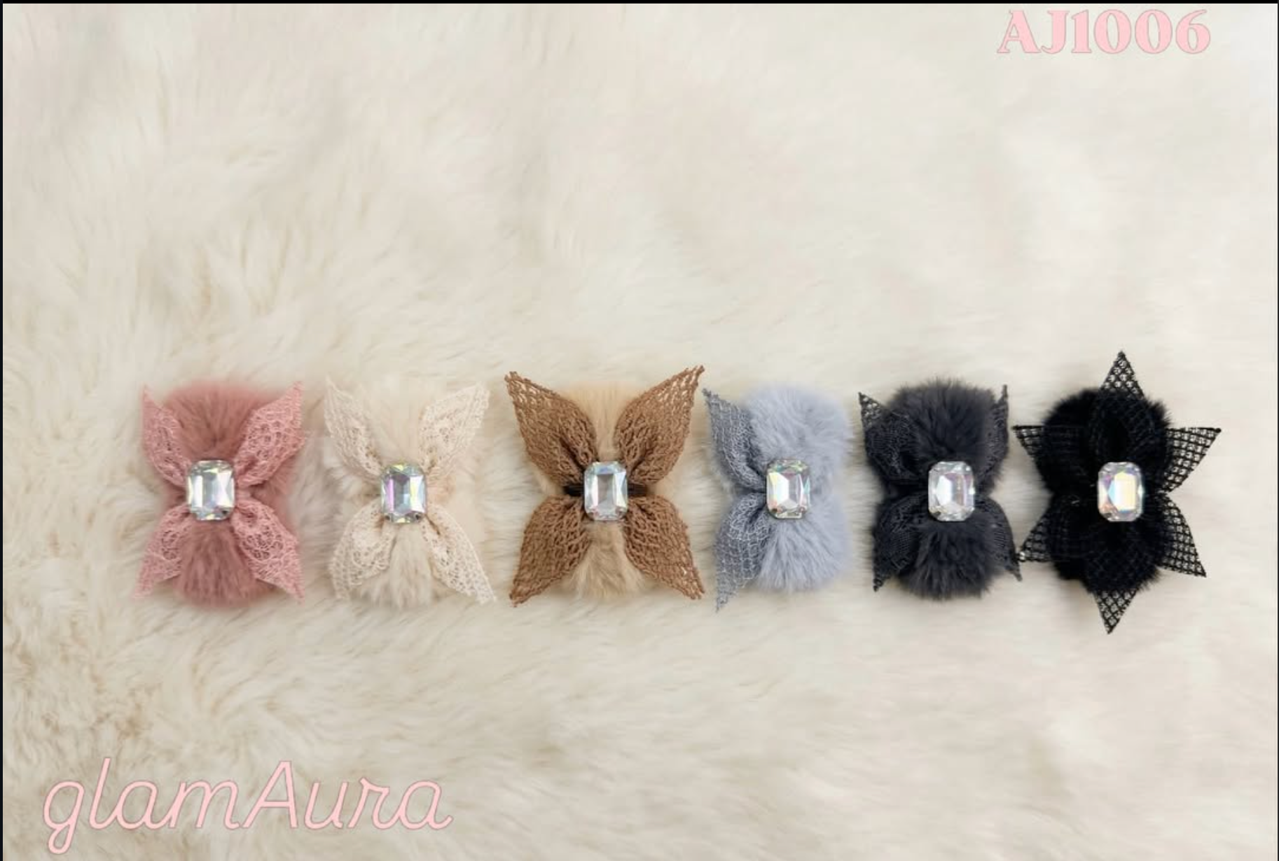 Furry Plush and Soft Faux Fur Hair Clip with Sparkling Gem Center