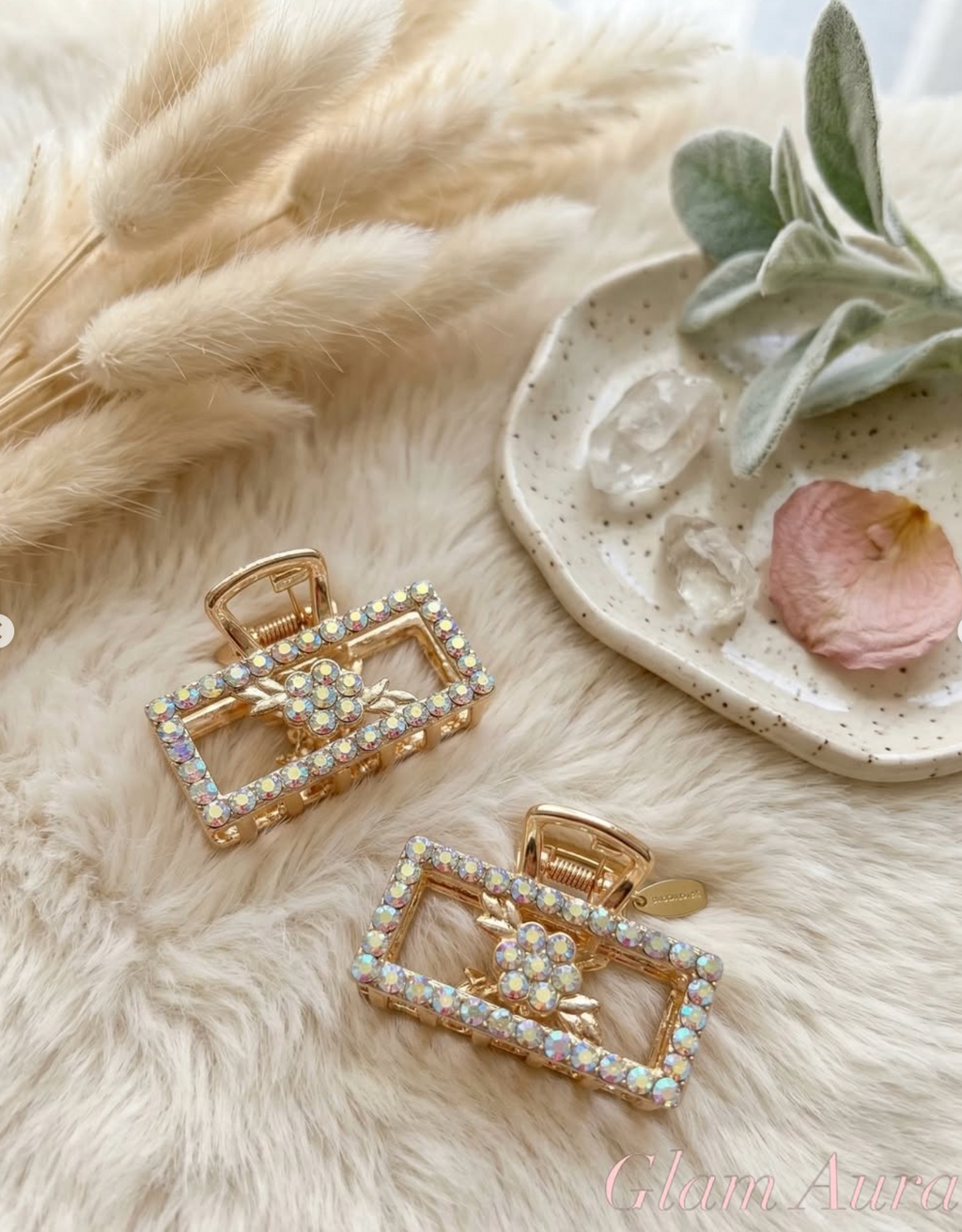 Gold Crystal & Pearl Mini Hair Claws – Iridescent Gemstone Flower Claw