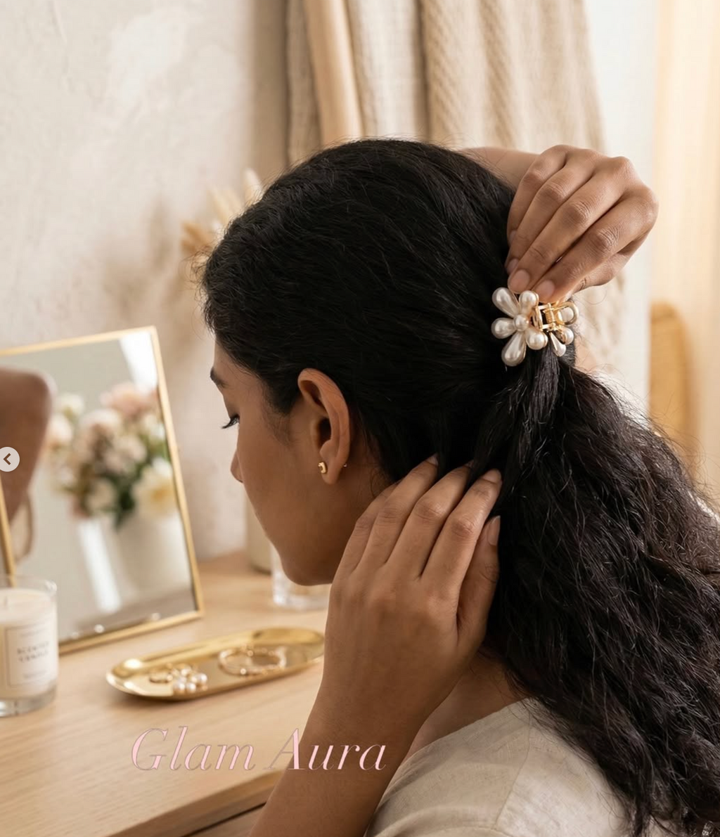 Gold Crystal & Pearl Mini Hair Claws – Iridescent Gemstone Flower Claw