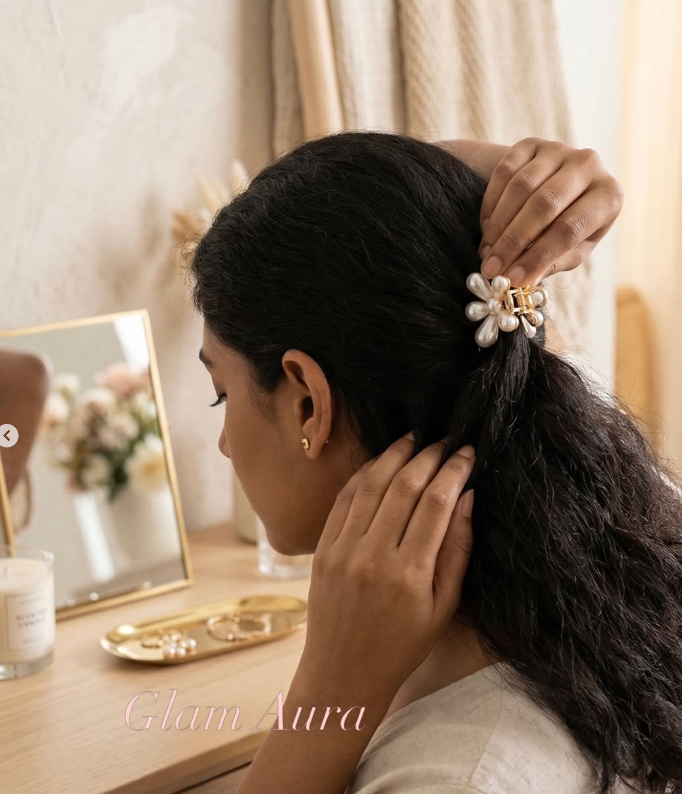 Gold Crystal & Pearl Mini Hair Claws – Iridescent Gemstone Flower Claw