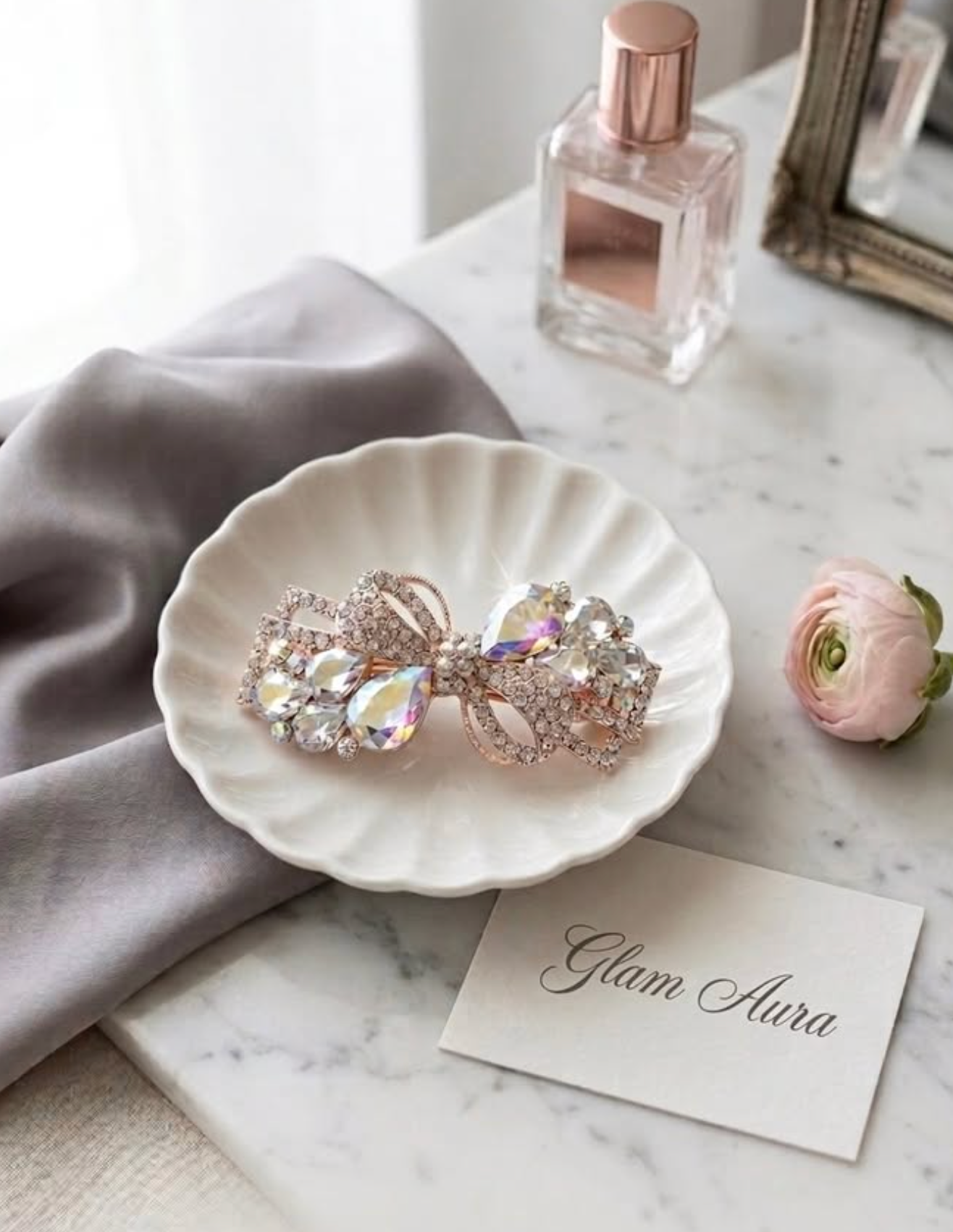 Luxe Iridescent Crystal Bow Barrette – Pear-Cut Gemstone Statement Hair Clip