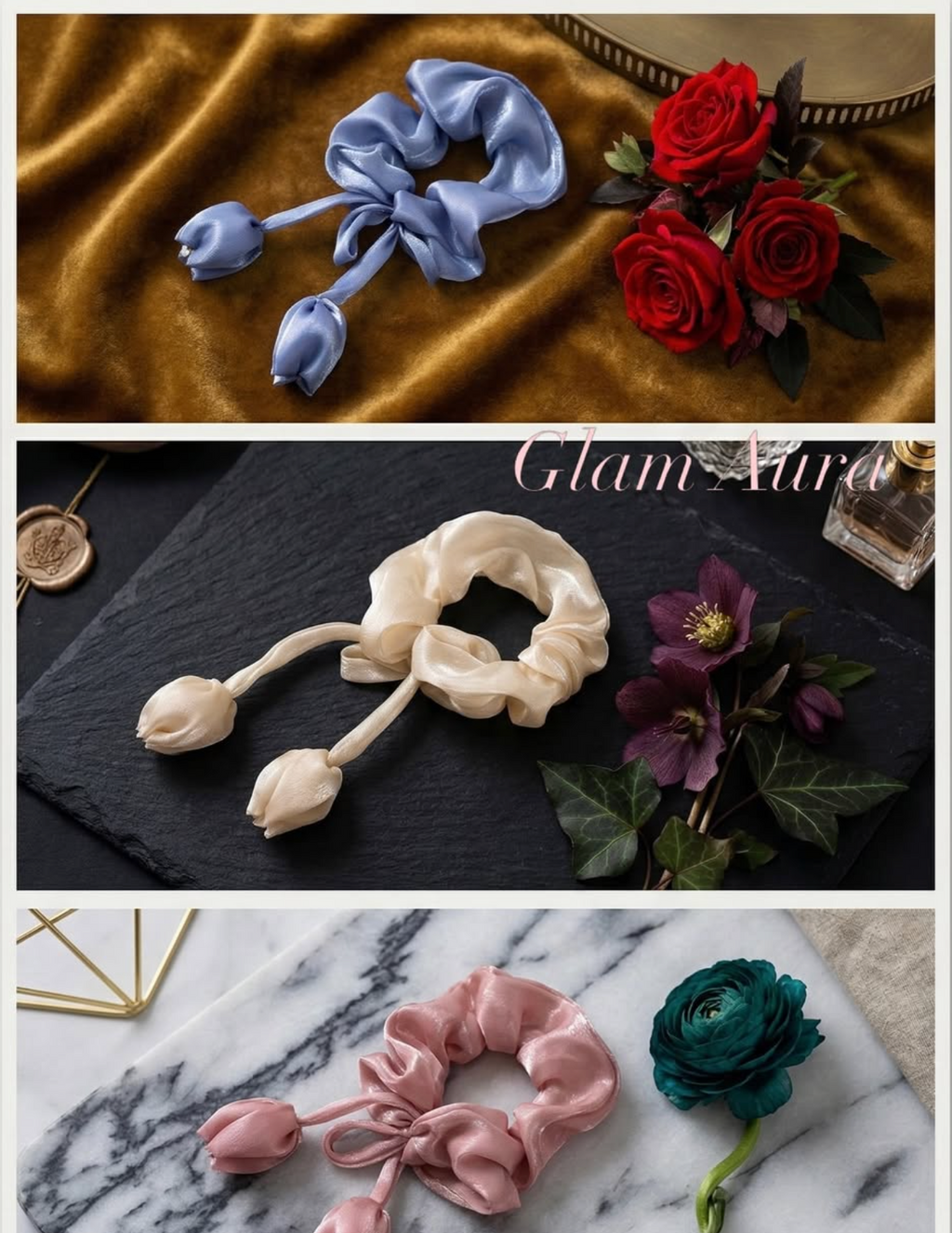 Silk Tulip Scrunchie – Elegant 3D Floral Hair Tie with Shimmer Finish